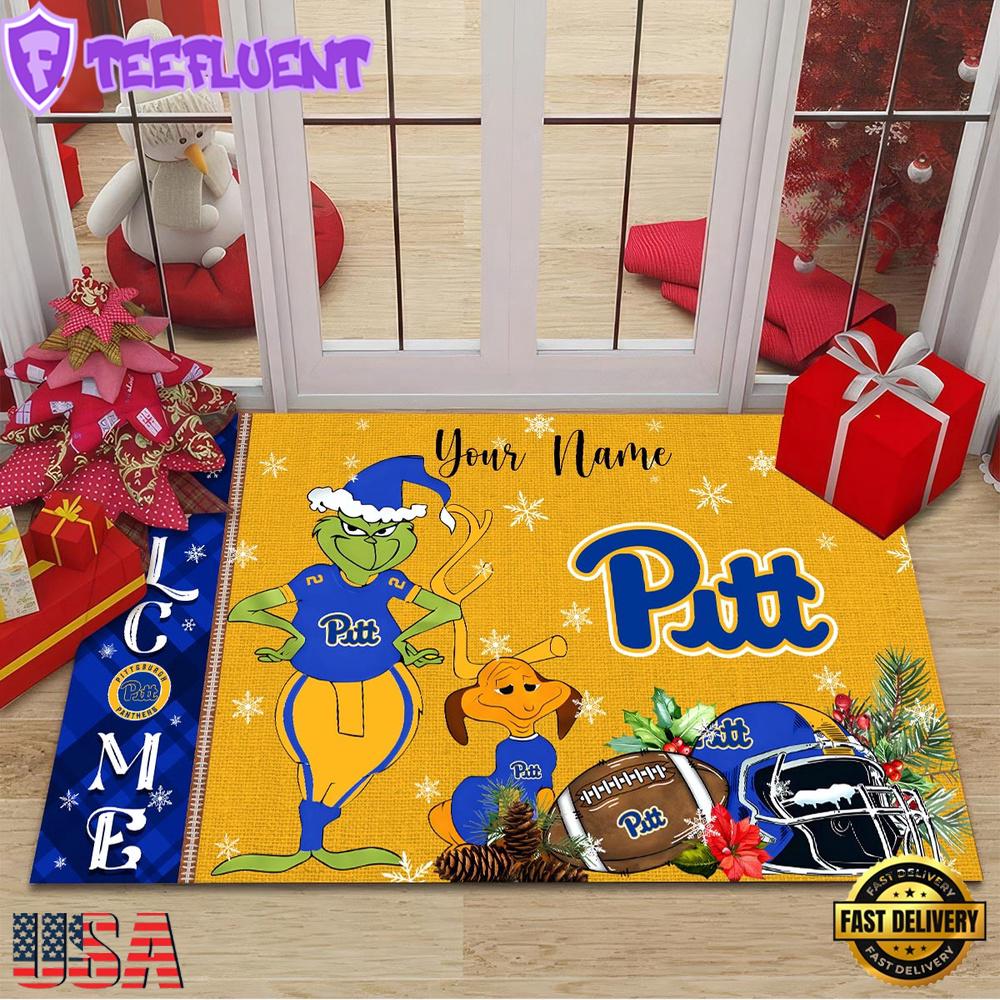 Custom Name NCAA Pittsburgh Panthers Grinch Christmas Welcome Football Doormat