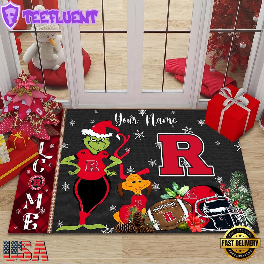 Custom Name NCAA Rutgers Scarlet Knights Grinch Christmas Welcome Football Doormat