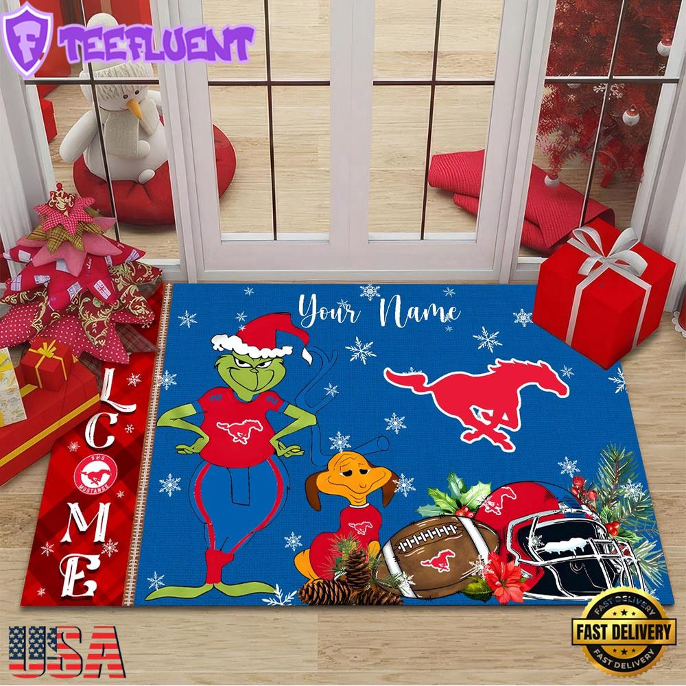 Custom Name NCAA SMU Mustangs Grinch Christmas Welcome Football Doormat