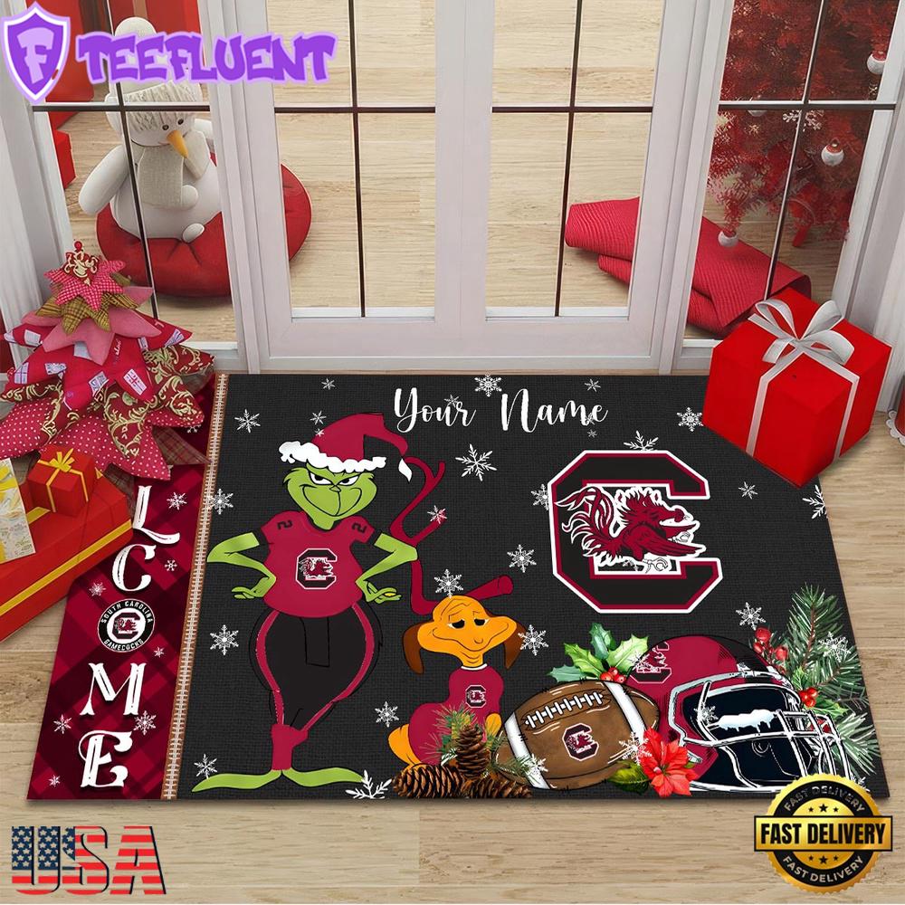 Custom Name NCAA South Carolina Gamecocks Grinch Christmas Welcome Football Doormat