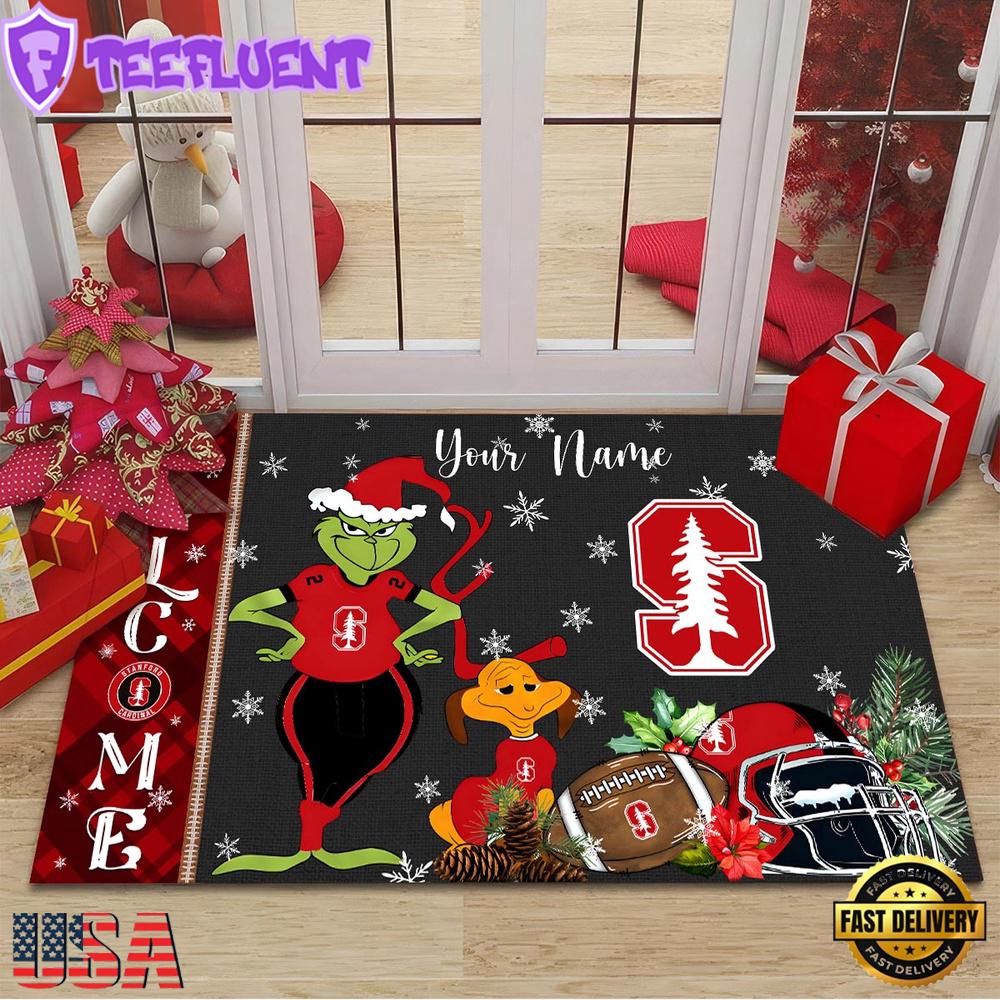 Custom Name NCAA Stanford Cardinal Grinch Christmas Welcome Football Doormat