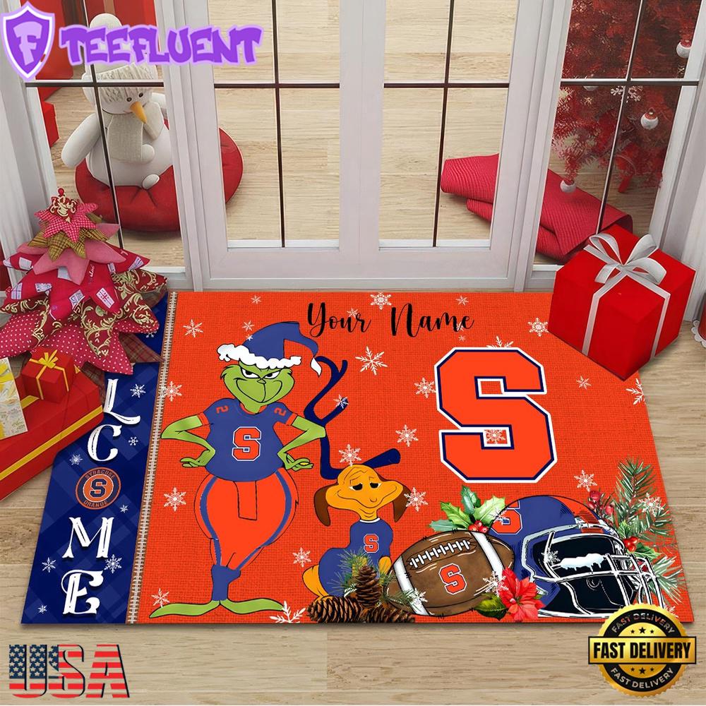 Custom Name NCAA Syracuse Orange Grinch Christmas Welcome Football Doormat