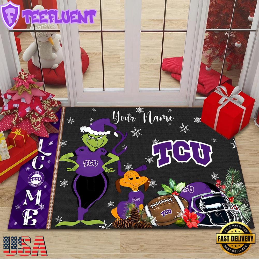 Custom Name NCAA TCU Horned Frogs Grinch Christmas Welcome Football Doormat