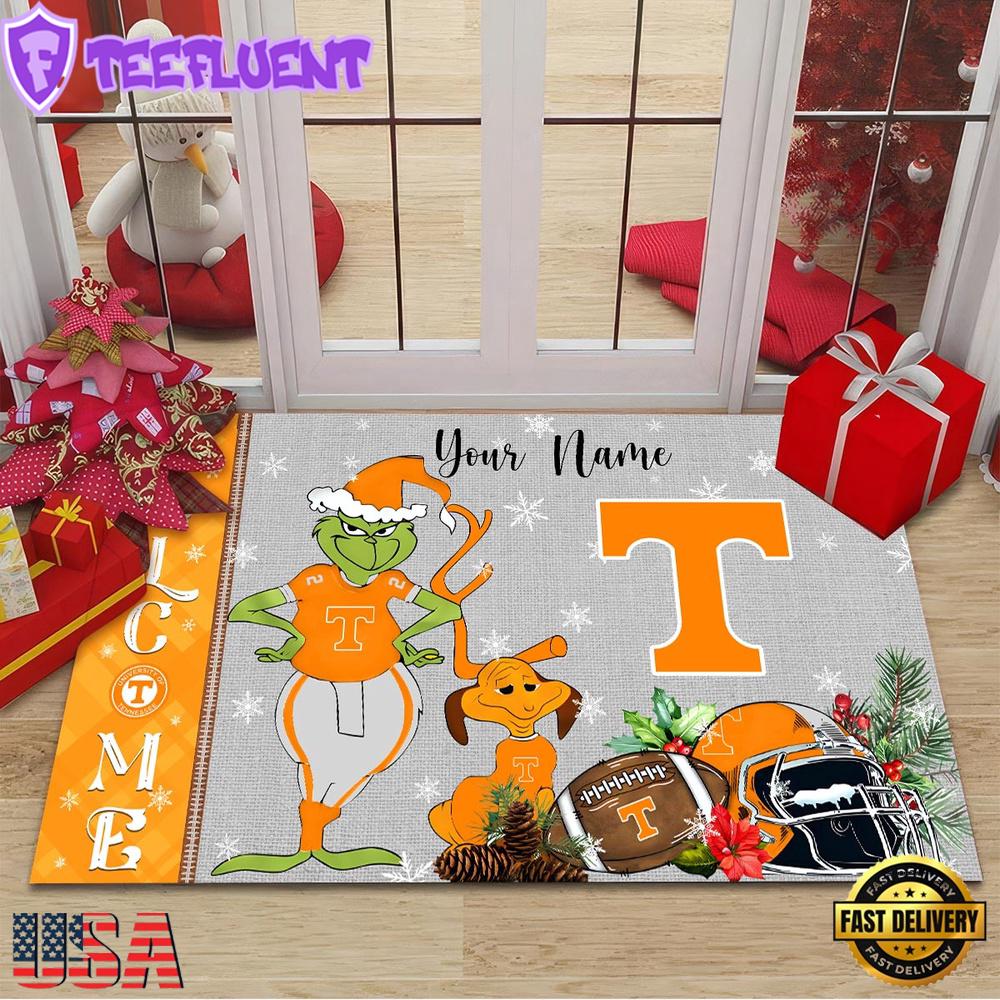 Custom Name NCAA Tennessee Volunteers Grinch Christmas Welcome Football Doormat