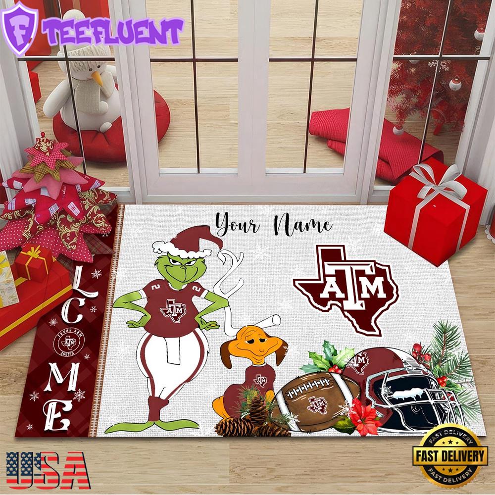 Custom Name NCAA Texas A & M Aggies Grinch Christmas Welcome Football Doormat