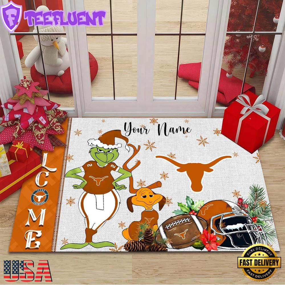 Custom Name NCAA Texas Longhorns Grinch Christmas Welcome Football Doormat