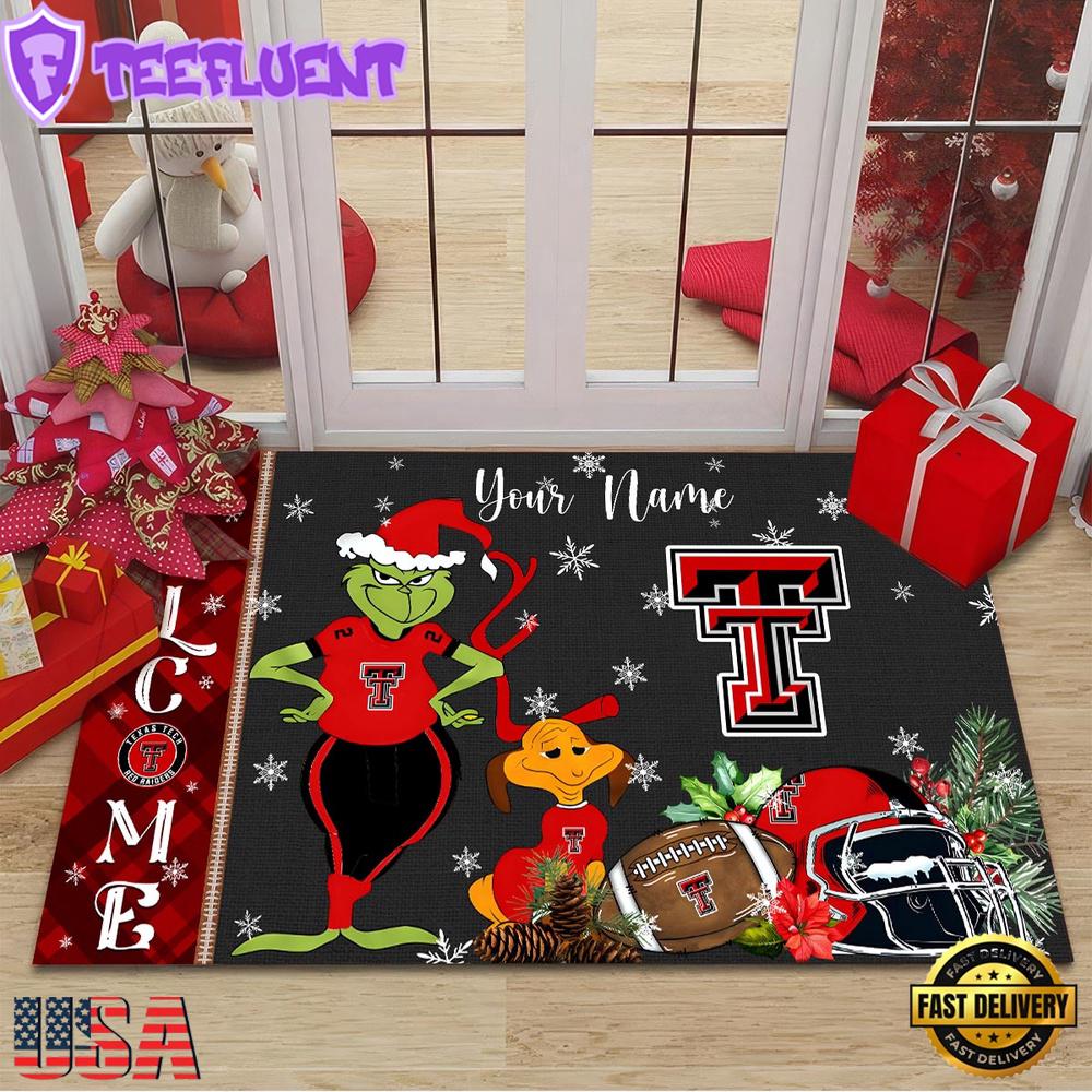 Custom Name NCAA Texas Tech Red Raiders Grinch Christmas Welcome Football Doormat
