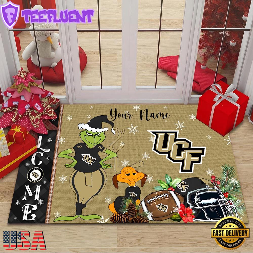 Custom Name NCAA UCF Knights Grinch Christmas Welcome Football Doormat