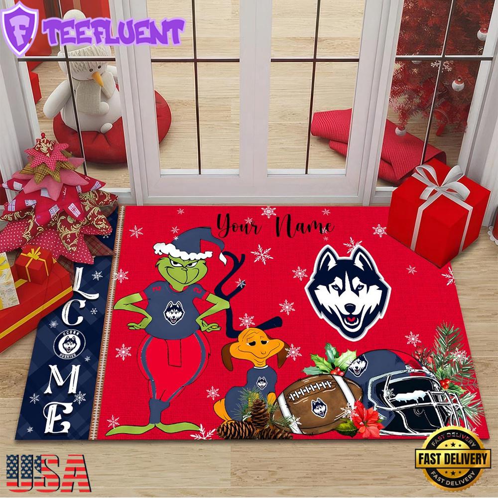 Custom Name NCAA Uconn Huskies Grinch Christmas Welcome Football Doormat