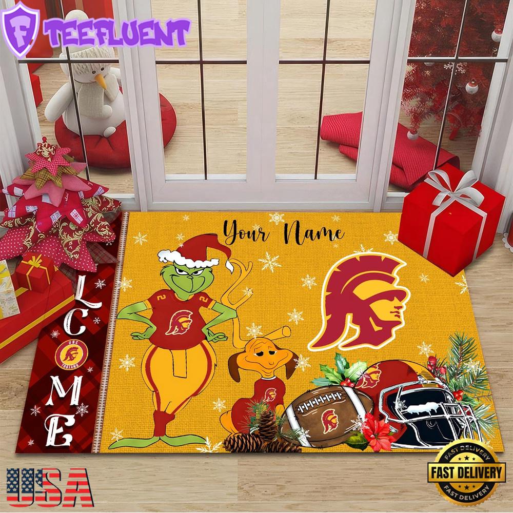 Custom Name NCAA USC Trojans Grinch Christmas Welcome Football Doormat