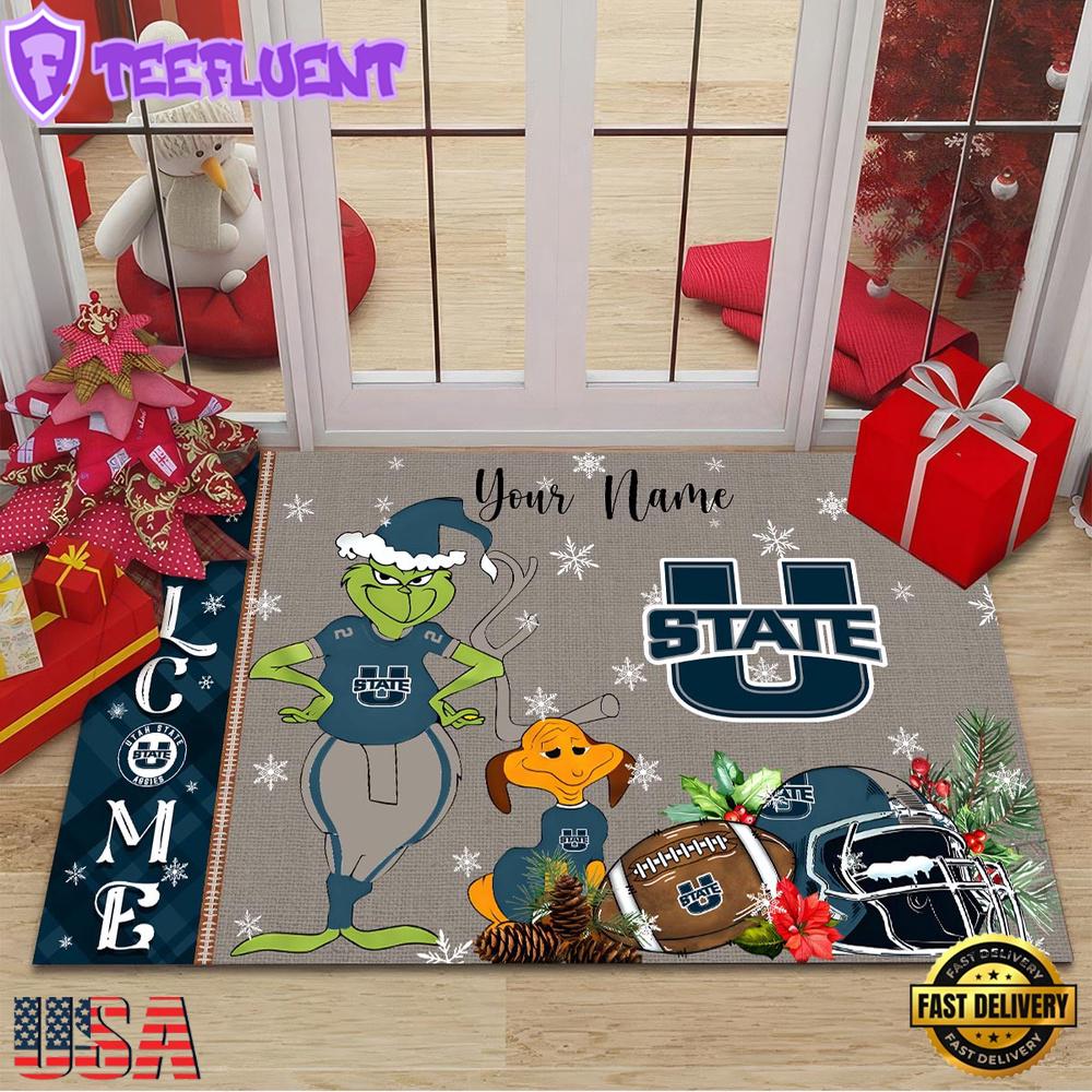 Custom Name NCAA Utah State Aggies Grinch Christmas Welcome Football Doormat