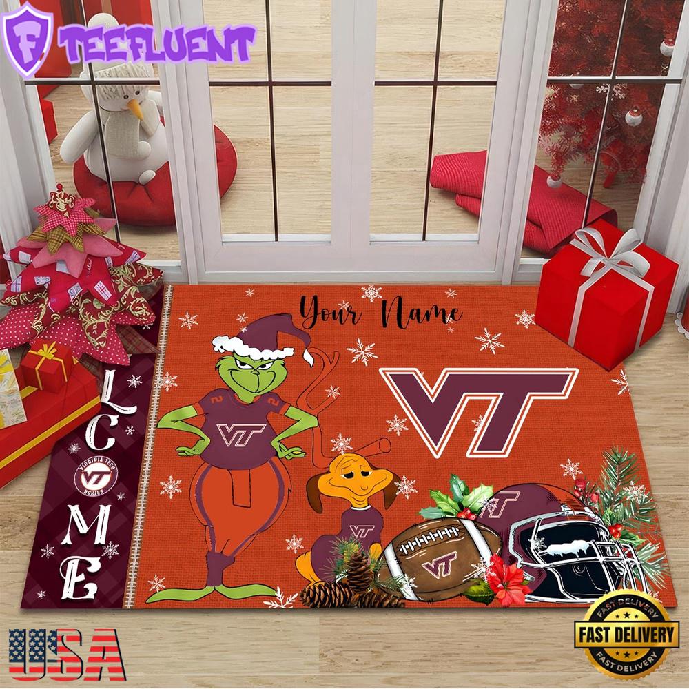 Custom Name NCAA Virginia Tech Hokies Grinch Christmas Welcome Football Doormat