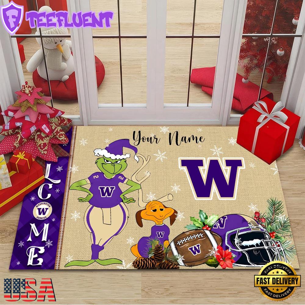 Custom Name NCAA Washington Huskies Grinch Christmas Welcome Football Doormat