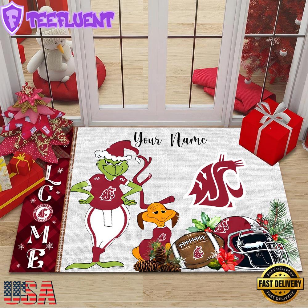 Custom Name NCAA Washington State Cougars Grinch Christmas Welcome Football Doormat