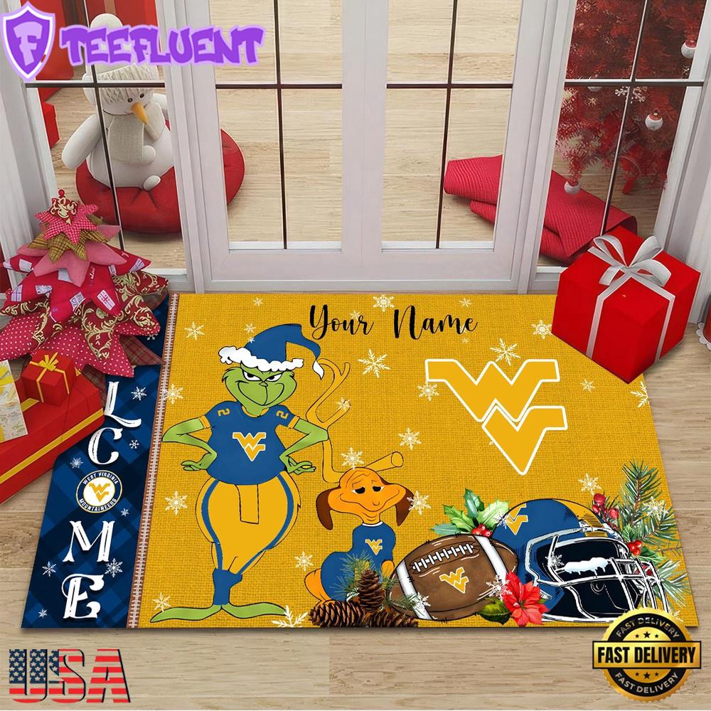Custom Name NCAA West Virginia Mountaineers Grinch Christmas Welcome Football Doormat