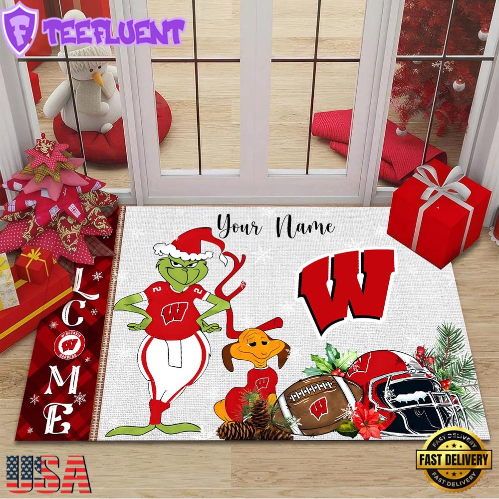 Custom Name NCAA Wisconsin Badgers Grinch Christmas Welcome Football Doormat