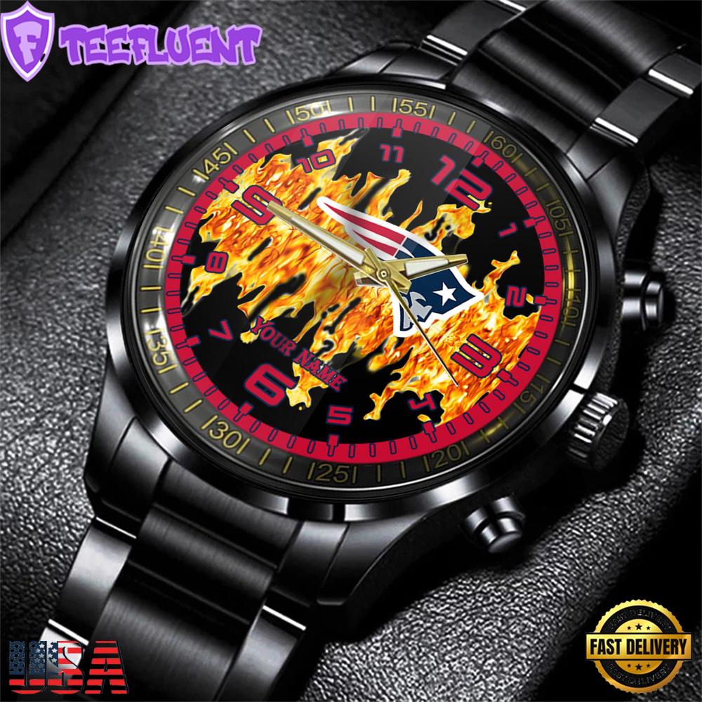 Custom Name New England Patriots NFL 3D Men Black Stainless Steel Watch Gift For Fans