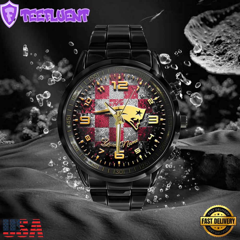 NFL Custom Name New England Patriots 3D Men Black Stainless Steel Watch NFL Custom Name New England Patriots 3D Men Black Stainless Steel Watch
