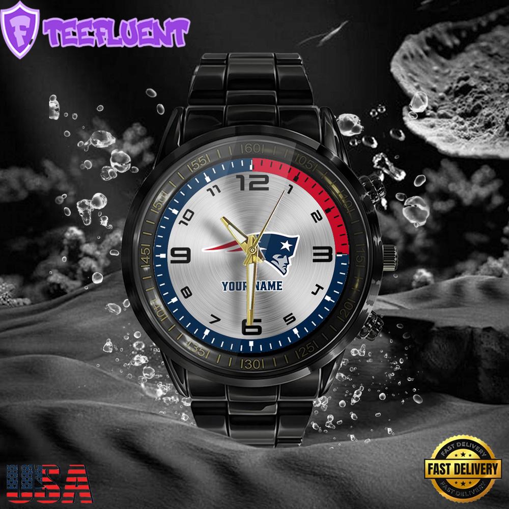 NFL Custom Name New England Patriots Black Stainless Steel Watch Gifts For Fans NFL Custom Name New England Patriots Black Stainless Steel Watch Gifts For Fans