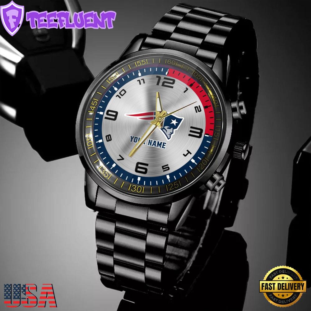 Custom Name New England Patriots NFL Black Stainless Steel Watch Gifts For Fans