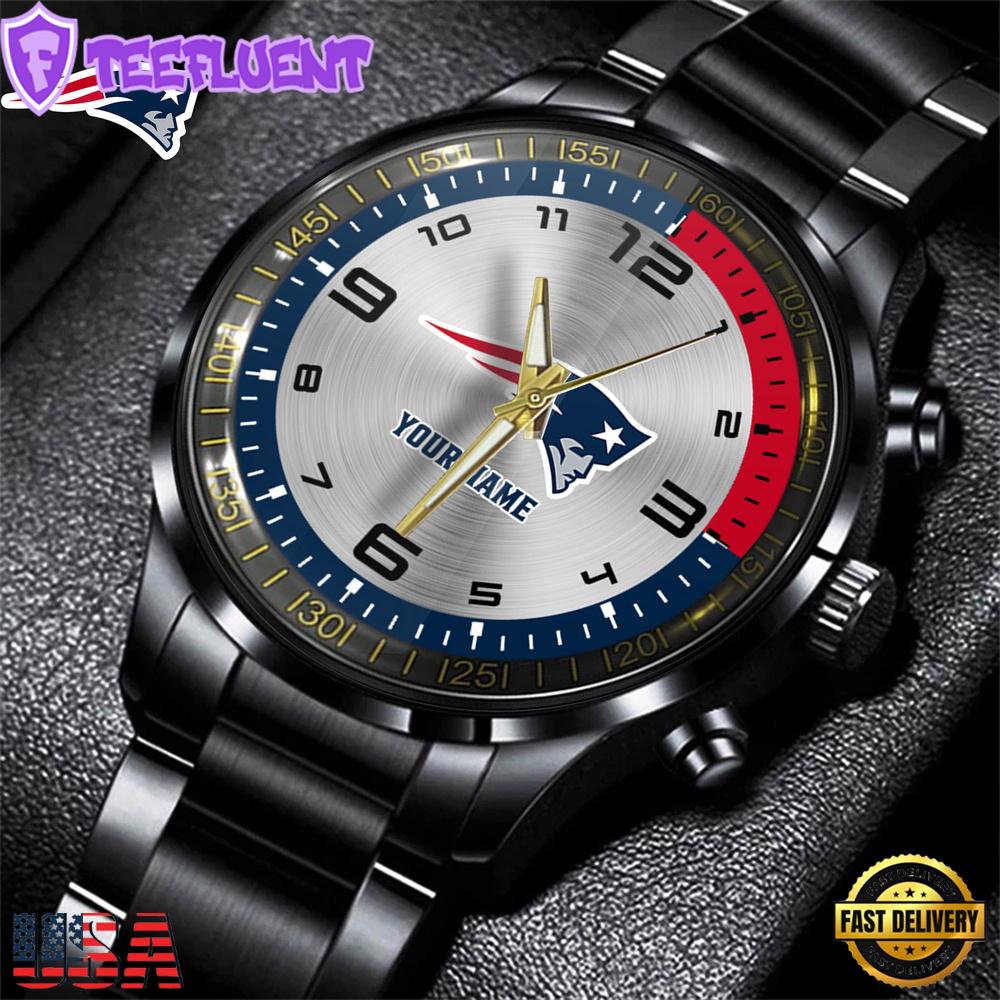 Custom Name New England Patriots NFL Black Stainless Steel Watch Gifts For Fans