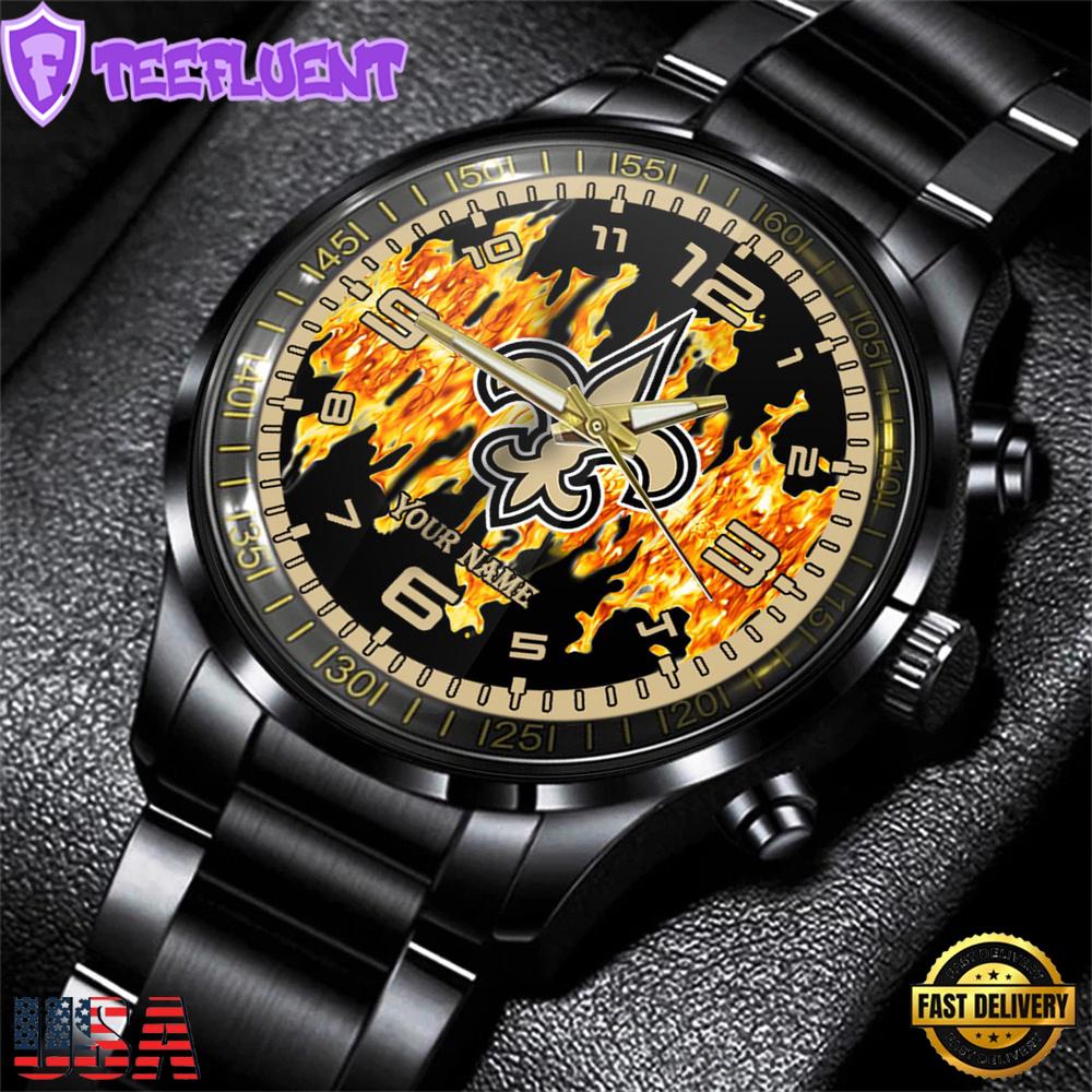 Custom Name New Orleans Saints NFL 3D Men Black Stainless Steel Watch Gift For Fans
