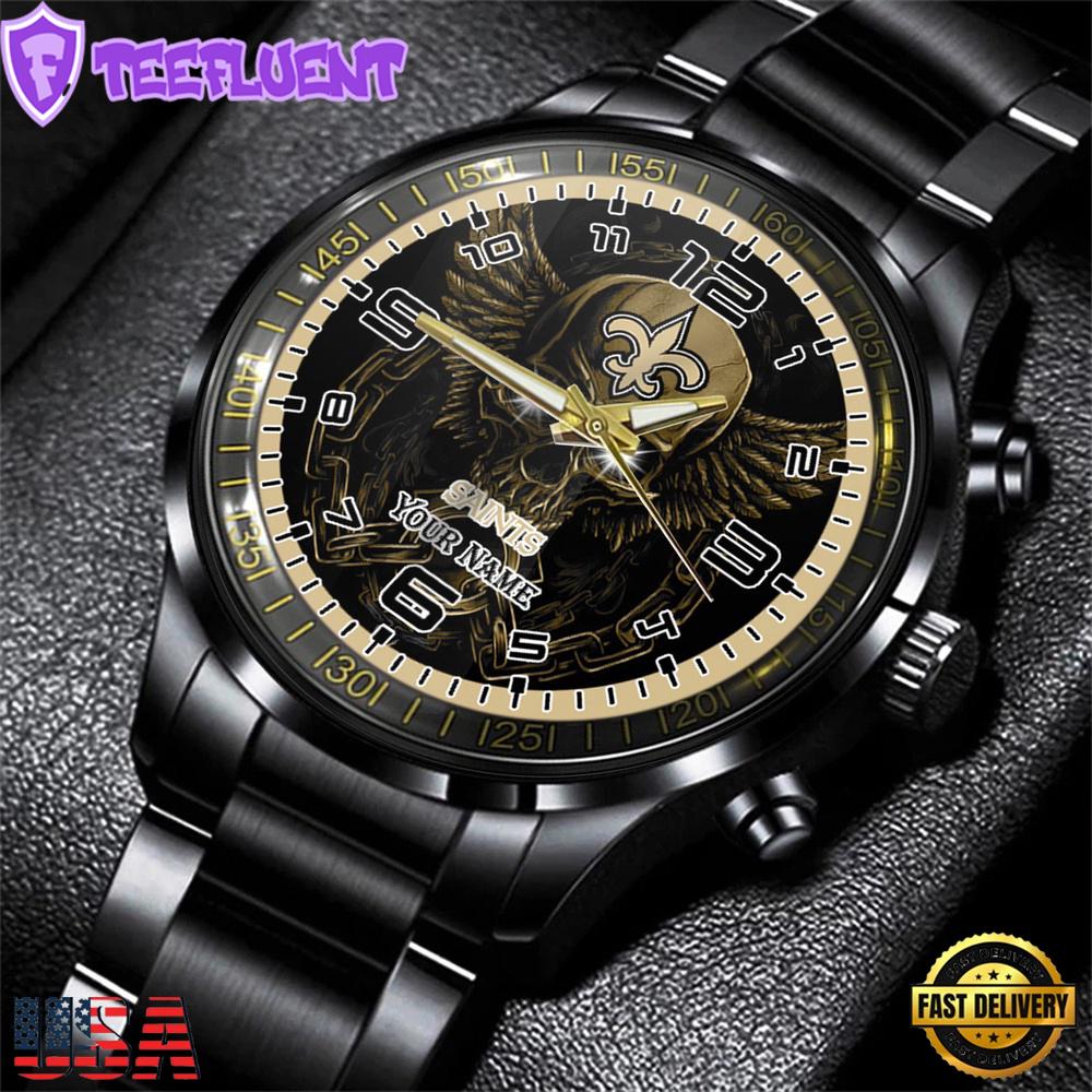 Custom Name New Orleans Saints NFL 3D Men Black Stainless Steel Watch Gift For Fans