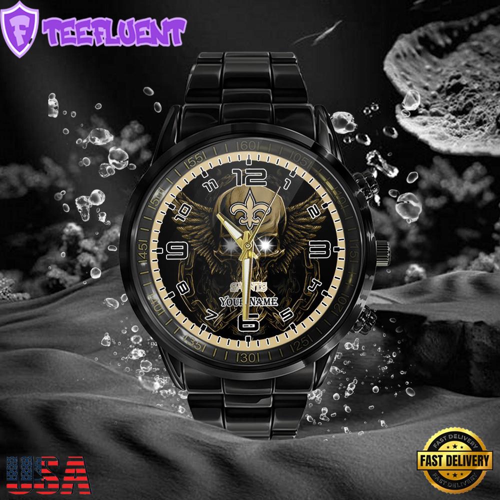 NFL Custom Name New Orleans Saints 3D Men Black Stainless Steel Watch NFL Custom Name New Orleans Saints 3D Men Black Stainless Steel Watch