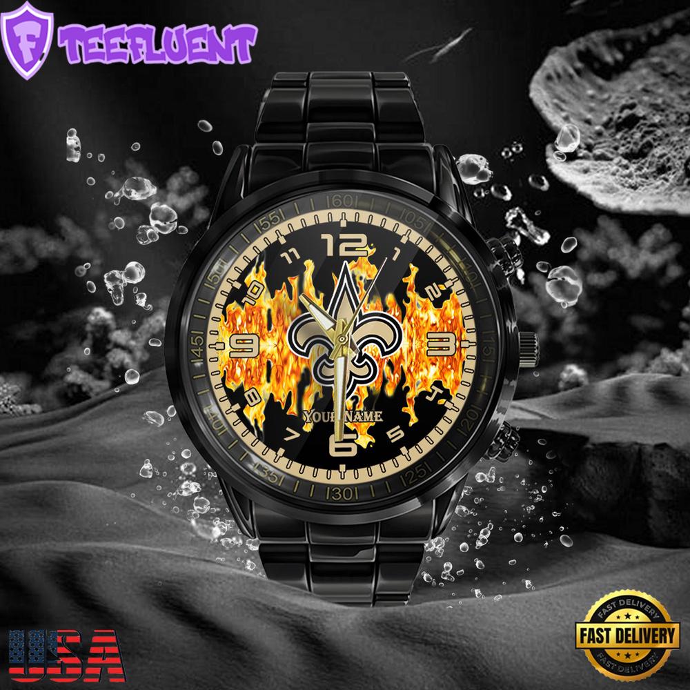NFL Custom Name New Orleans Saints 3D Men Black Stainless Steel Watch NFL Custom Name New Orleans Saints 3D Men Black Stainless Steel Watch