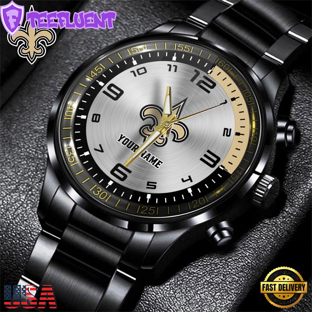 Custom Name New Orleans Saints NFL Black Stainless Steel Watch Gifts For Fans