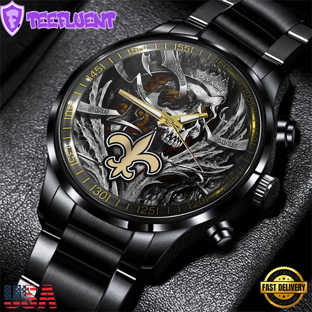 Custom Name New Orleans Saints NFL Men Black Stainless Steel Watch Gift For Fans