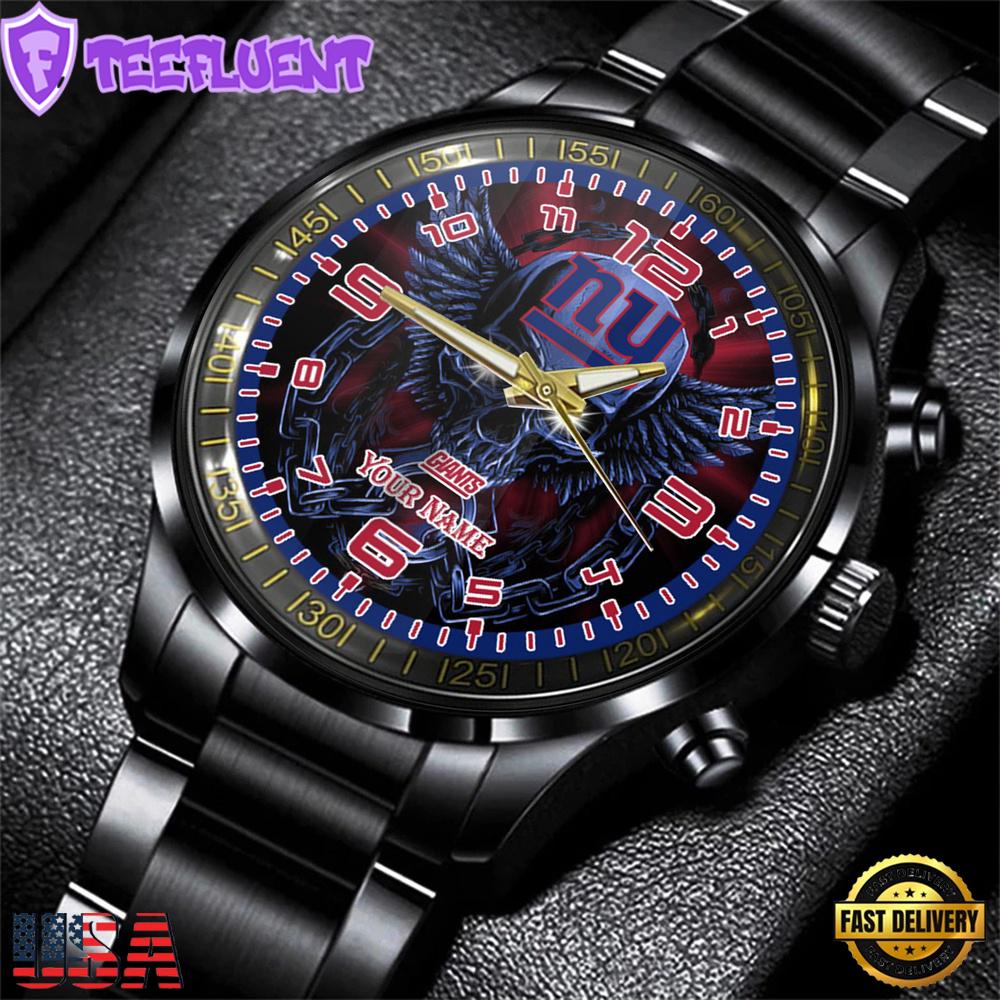 Custom Name New York Giants NFL 3D Men Black Stainless Steel Watch Gift For Fans