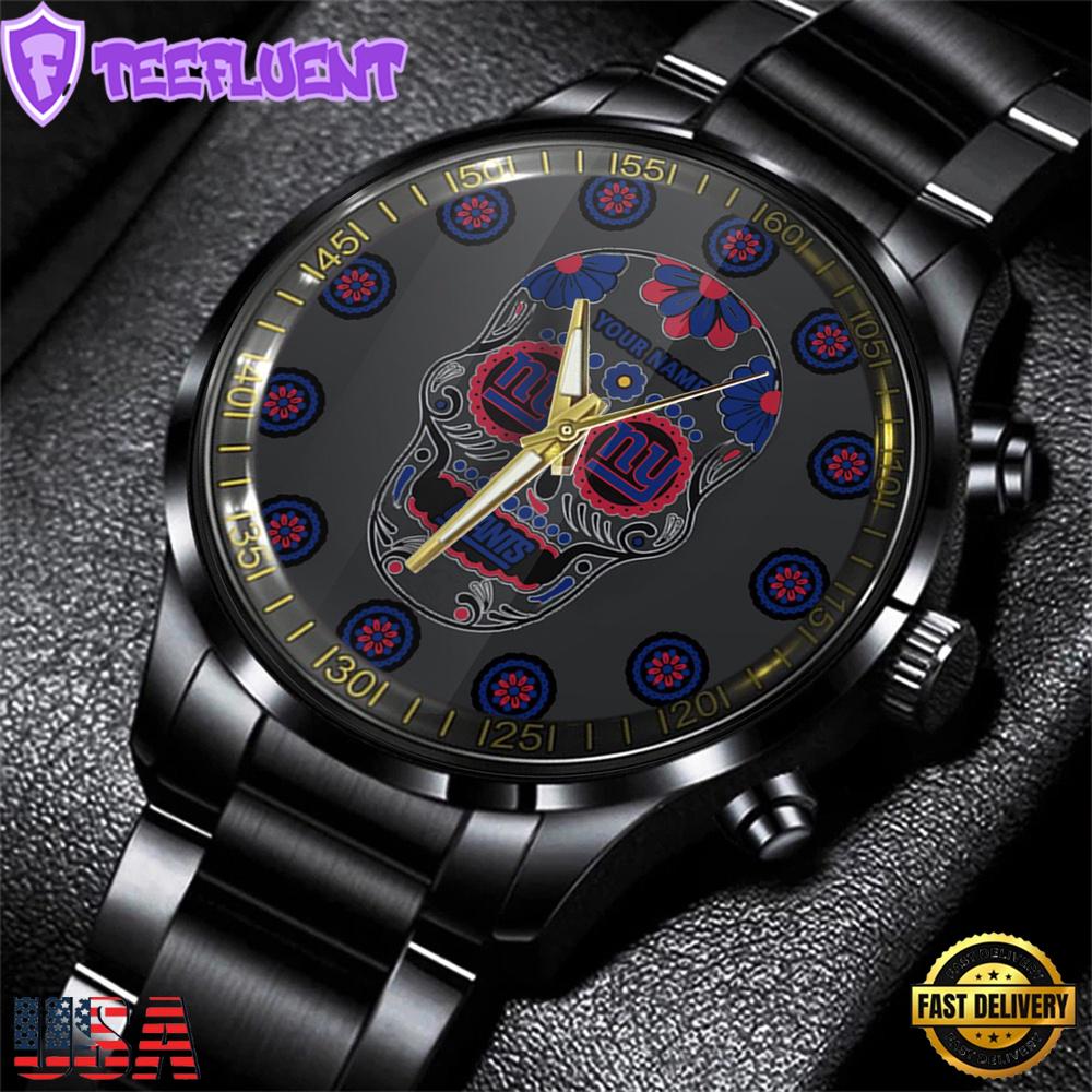 Custom Name New York Giants NFL Men Black Stainless Steel Watch Gift For Fans