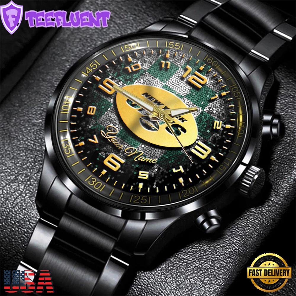 Custom Name New York Jets NFL 3D Men Black Stainless Steel Watch Gift For Fans