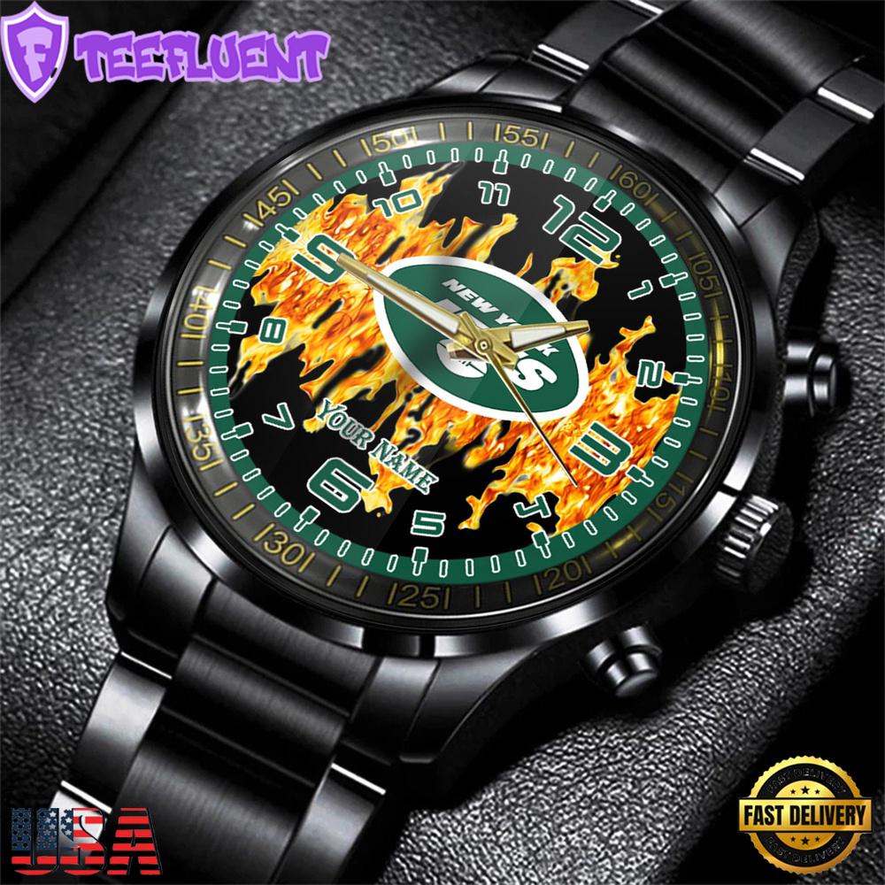 Custom Name New York Jets NFL 3D Men Black Stainless Steel Watch Gift For Fans