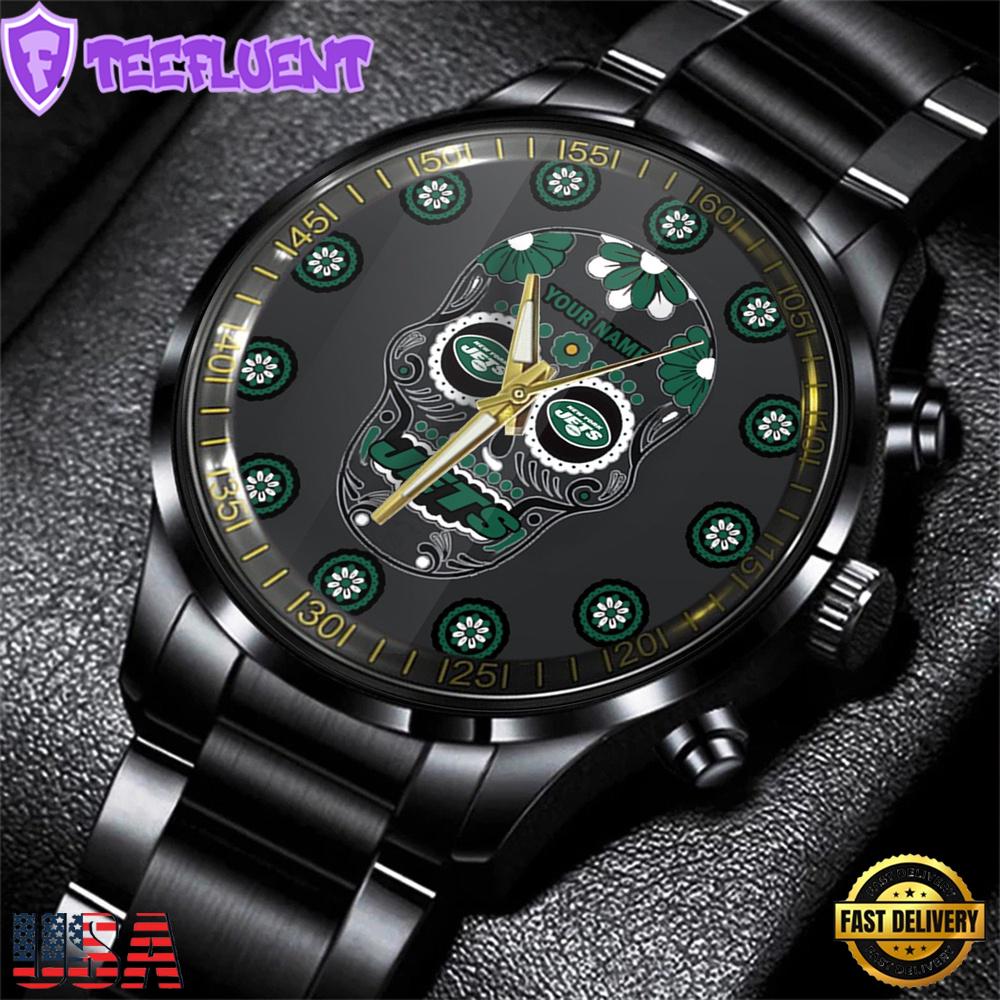 Custom Name New York Jets NFL Men Black Stainless Steel Watch Gift For Fans