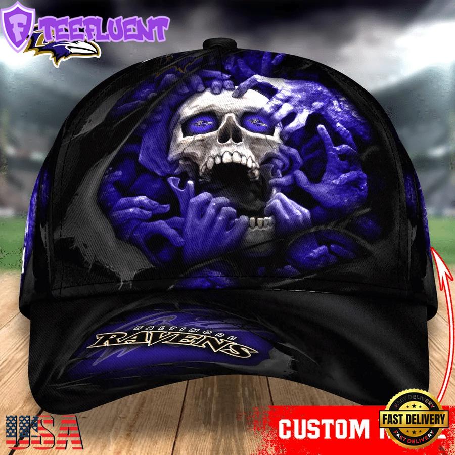 Custom Name NFL Baltimore Ravens Skull Halloween Baseball Cap