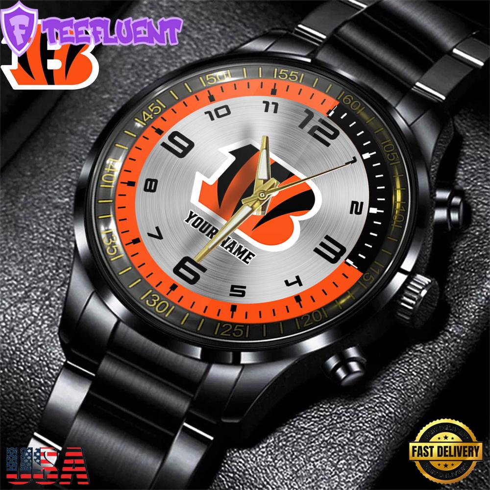 Custom Name NFL Cincinnati Bengals Black Stainless Steel Watch Gift For Fans