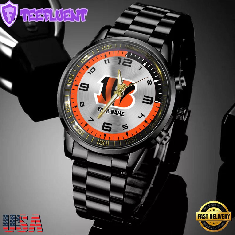 Custom Name NFL Cincinnati Bengals Black Stainless Steel Watch Gifts For Fans