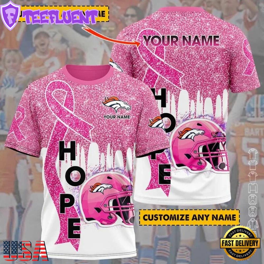 Custom Name NFL Denver Broncos Breast Cancer All Over Print T-Shirt
