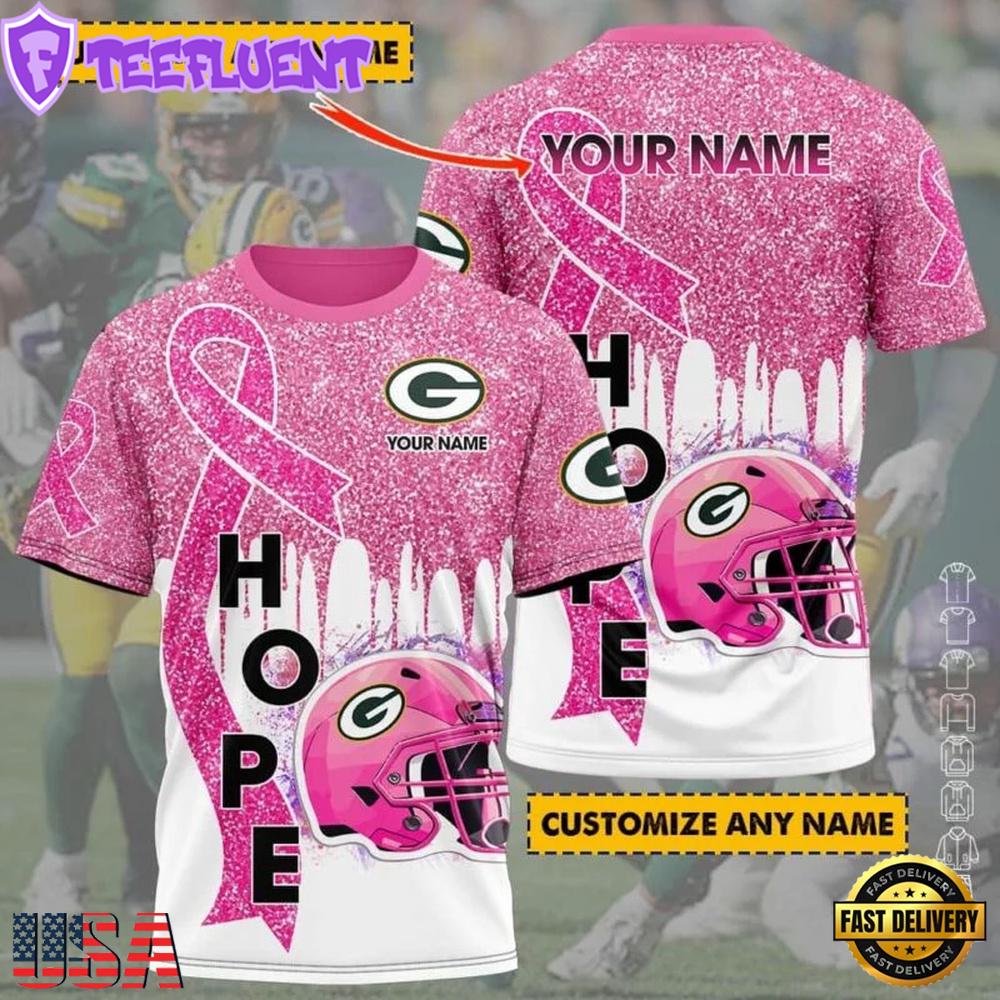 Custom Name NFL Green Bay Packers Breast Cancer All Over Print T-Shirt