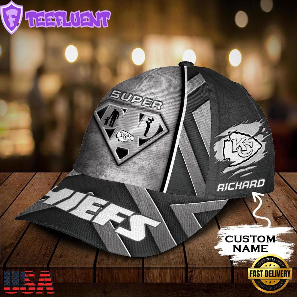 Custom Name NFL Kansas City Chiefs Superman Dad Logo All Over Print - Grey 3D Classic Cap