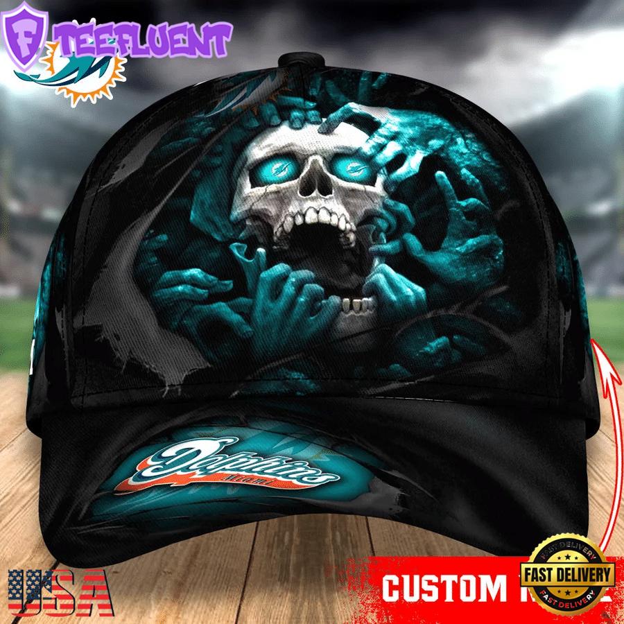 Custom Name NFL Miami Dolphins Skull Halloween Baseball Cap