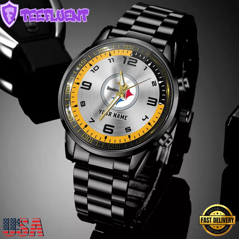 Custom Name NFL Pittsburgh Steelers Black Stainless Steel Watch Gift For Fans