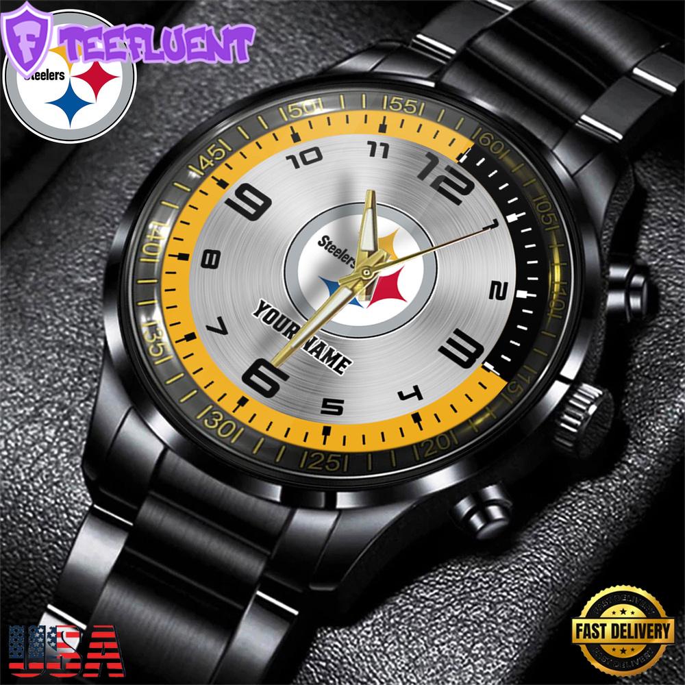 NFL Custom Name Pittsburgh Steelers Black Stainless Steel Watch Gifts For Fans NFL Custom Name Pittsburgh Steelers Black Stainless Steel Watch Gifts For Fans