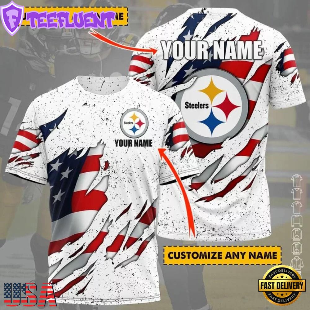 Custom Name NFL Pittsburgh Steelers US Flag All Over Print T-Shirt