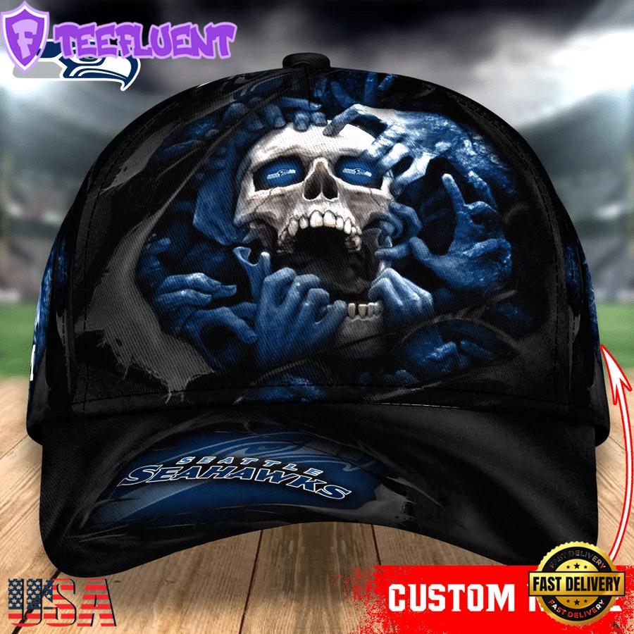 Custom Name NFL Seattle Seahawks Skull Halloween Baseball Cap