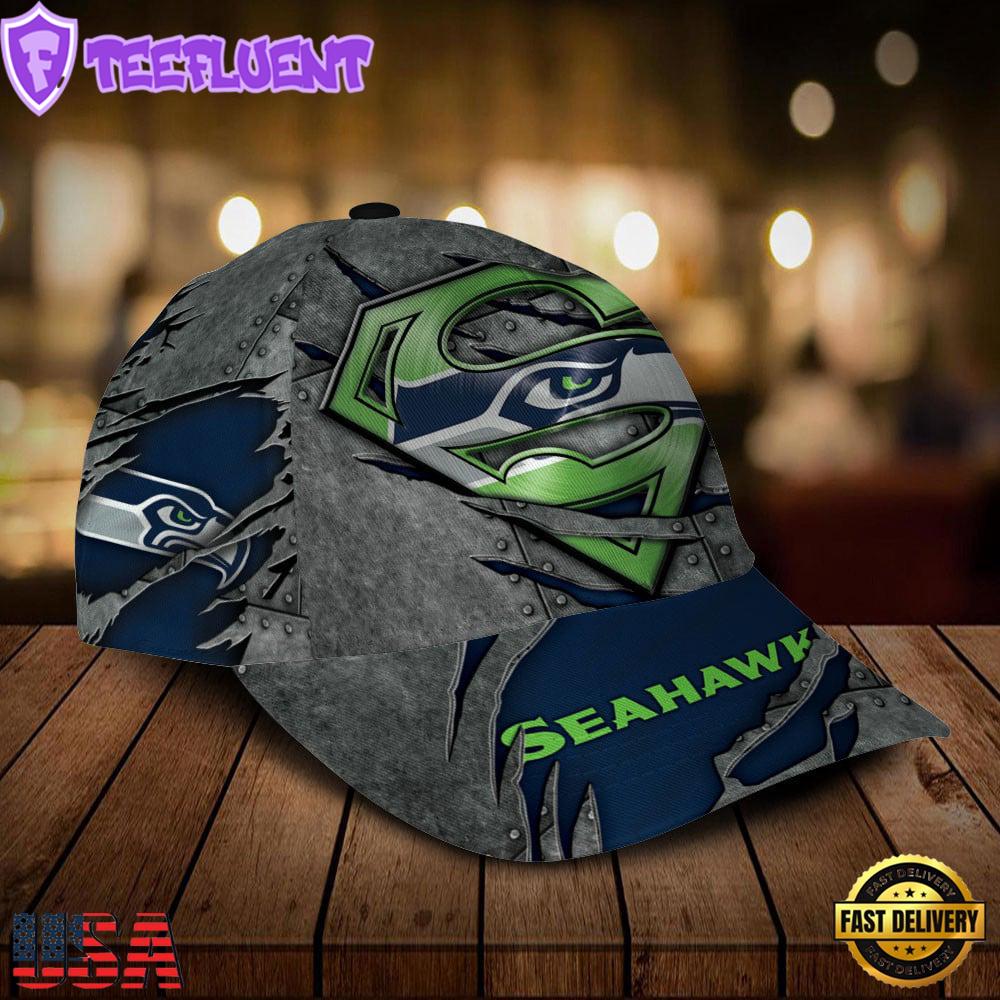 Custom Name NFL Seattle Seahawks Superman All Over Print - Navy 3D Classic Cap