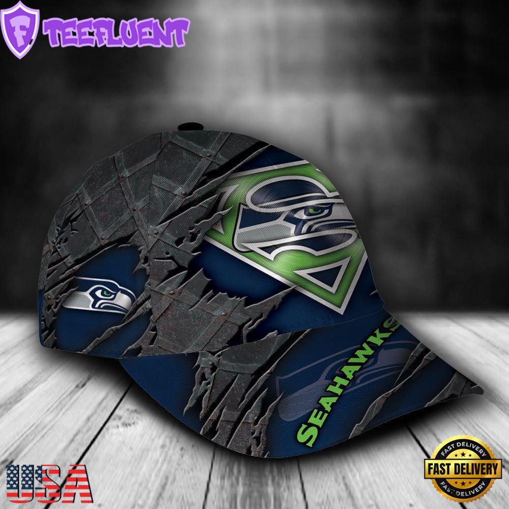 Custom Name NFL Seattle Seahawks Superman Logo All Over Print - Navy 3D Classic Cap