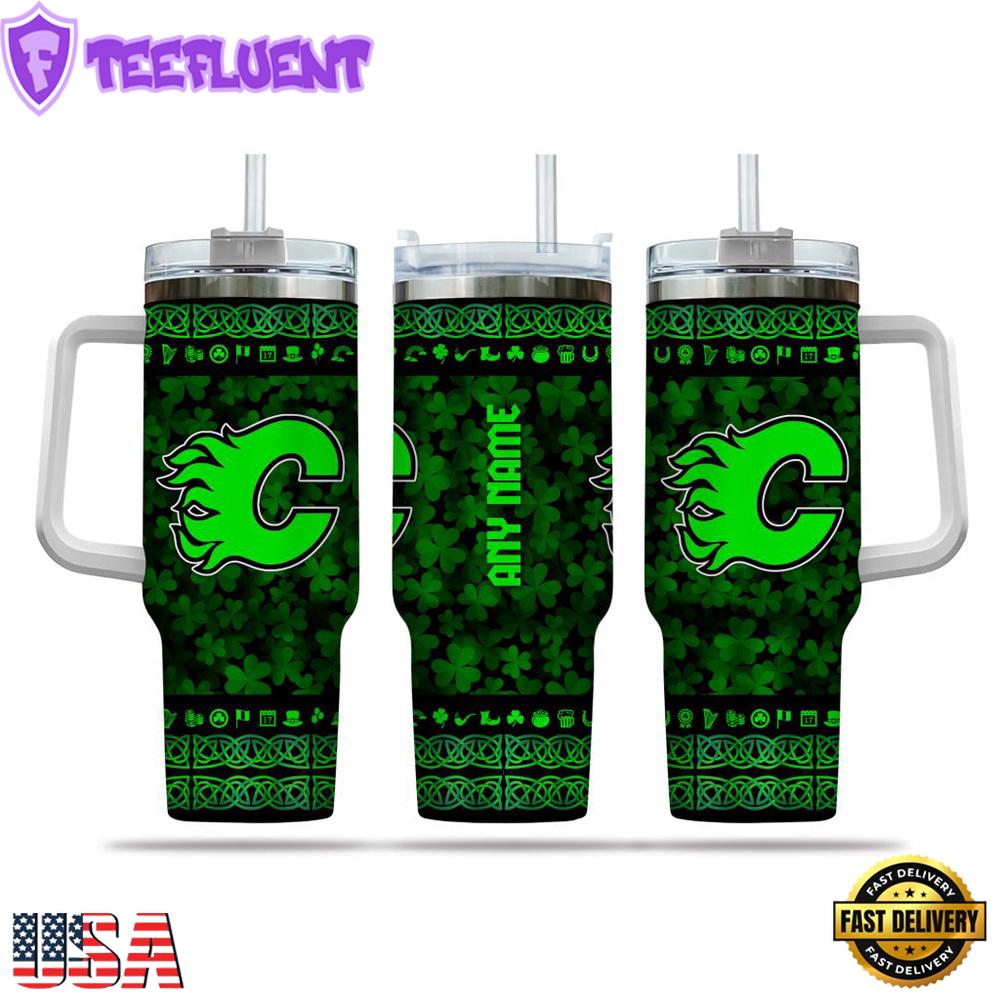 Custom Name NHL Calgary Flames Happy St. Patrick’s Day Stainless Steel Tumbler 40Oz With Handle